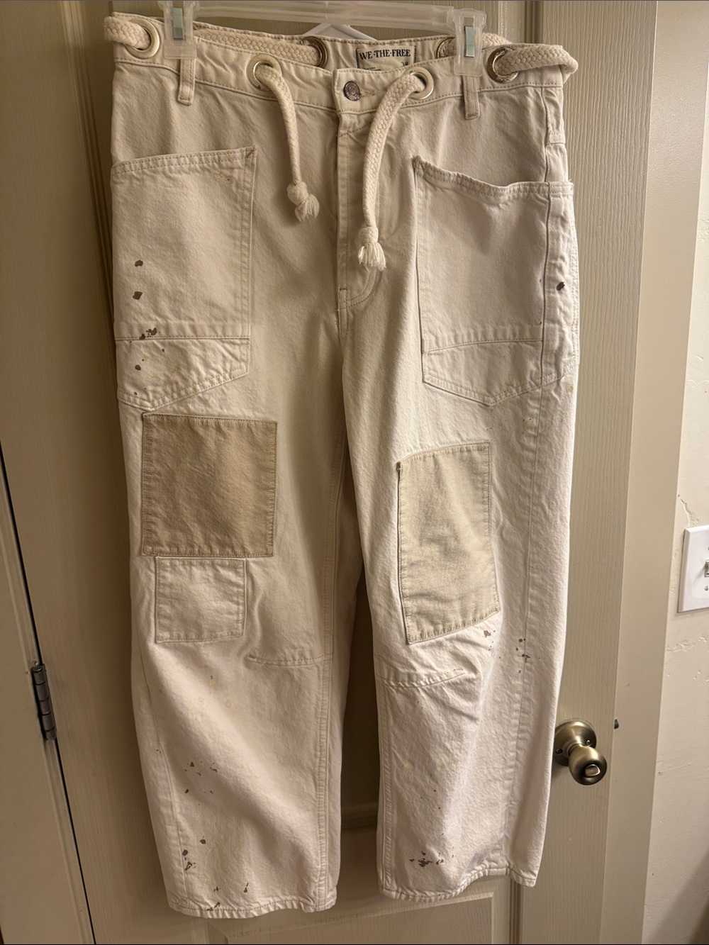 We The Free moxie barrel Cream Painter Patchwork Cargo Pants with Rope Waist